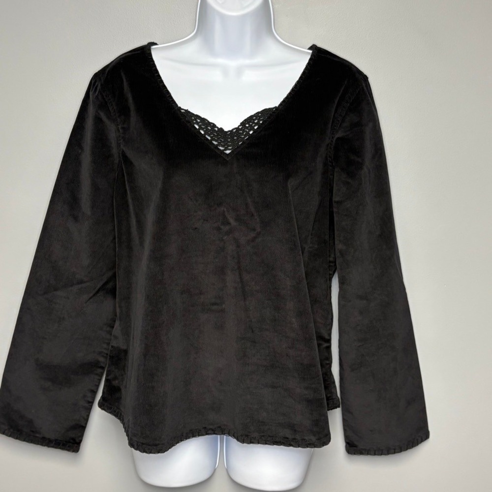 J. Jill Black Velvet Crochet Detail Whimsigoth Romantic Peasant Top Sz M